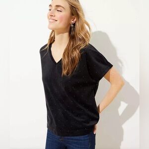 Loft Black Velvet V Neck Top with Silver Studs